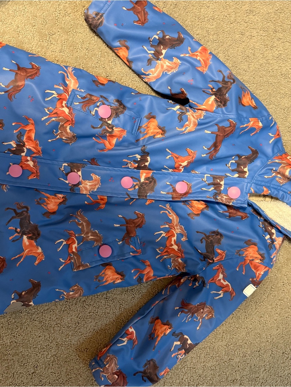 Hatley 4T fleece lined Blue Horse Print Raincoat with Pink Buttons